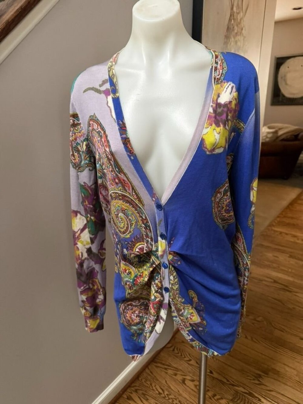 ETRO Cardigan Blue Paisley Silk Ruched Long Sleeve Large